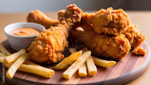 Crispy fried chicken drumsticks with french fries and spicy dipping sauce on wooden board