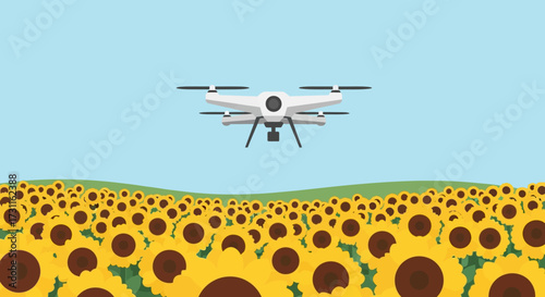 A white drone flies over a field of sunflowers.