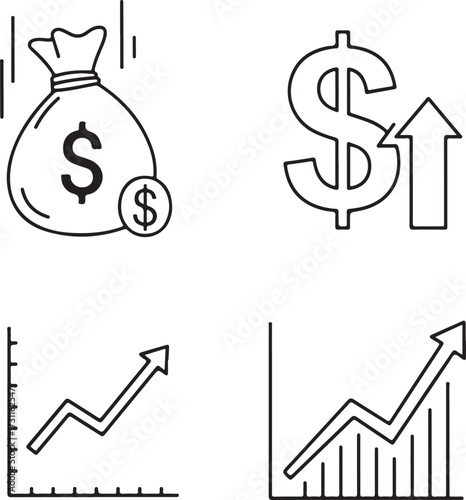 Money bag and dollar sign icons with financial growth charts on white background Keywords: money, bag