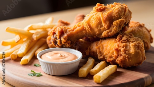 Crispy fried chicken drumsticks with french fries and spicy dipping sauce on wooden board
