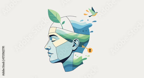 Abstract human head with nature elements symbolizing growth and ideas.