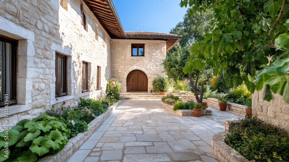 Naklejka premium Beautiful stone house with charming courtyard and lush greenery, showcasing rustic architecture