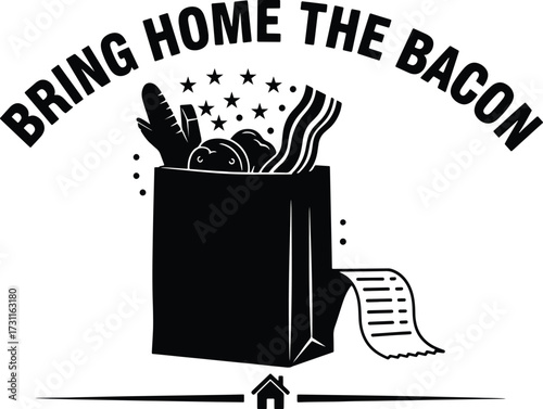 Bring Home the Bacon – Grocery Bag with Bacon, Bread, Chicken and Stars in Bold Black and White Food Graphic