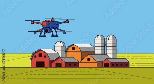 Agricultural Drone Flying Over Farm Buildings.