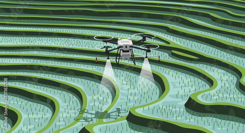 Agricultural drone spraying crops in a rice paddy field.