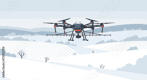 Agricultural drone spraying crops in a winter landscape.
