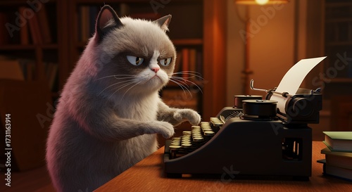 Cat typing on vintage typewriter at desk in warm lighting