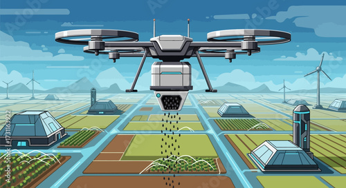 Agricultural drone spraying seeds on a field.