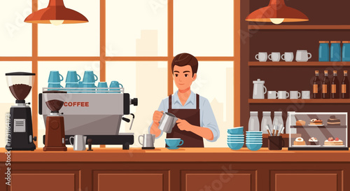 Barista preparing coffee at a cafe counter with espresso machine.