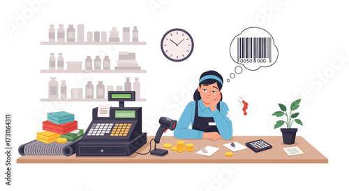 Bored cashier with barcode thought bubble cash register and potted plant.