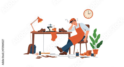 Exhausted Cobbler Napping at Workbench with Shoes and Tools Time Passing.