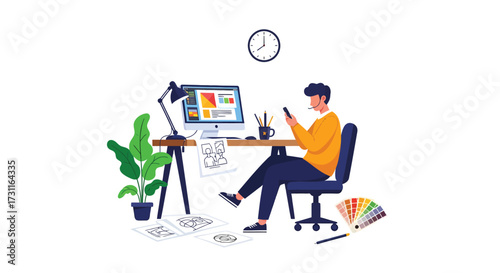 Illustrator at desk using smartphone with color palette and design sketches.