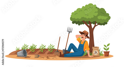 Weary Farmer Resting Under Tree After a Day of Planting Crops.