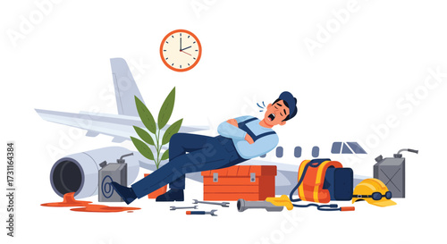 Exhausted Airplane Mechanic Taking a Nap Beside Tools and Aircraft Parts.