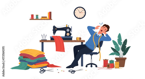 Exhausted Tailor Yawning Beside Sewing Machine and Fabric Stack.