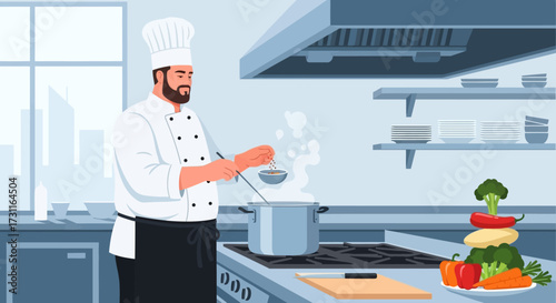 Chef cooking in a professional kitchen with steam rising from a pot.
