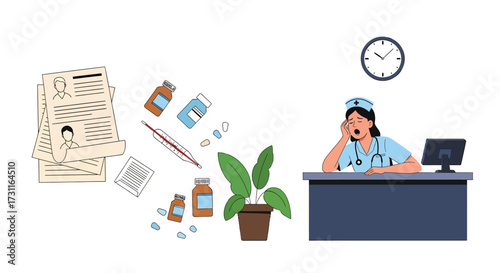 Exhausted Nurse Yawning at Desk Amidst Medical Supplies and Clock.