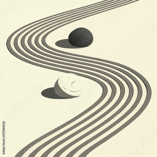 Abstract Raked Sand Garden with Single Stone and Broken Moon