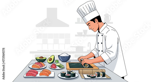 Chef preparing sushi with fresh ingredients on a kitchen counter.