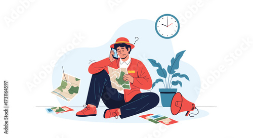 A Confused Traveler on the Phone Surrounded by Maps and Time Pressure.
