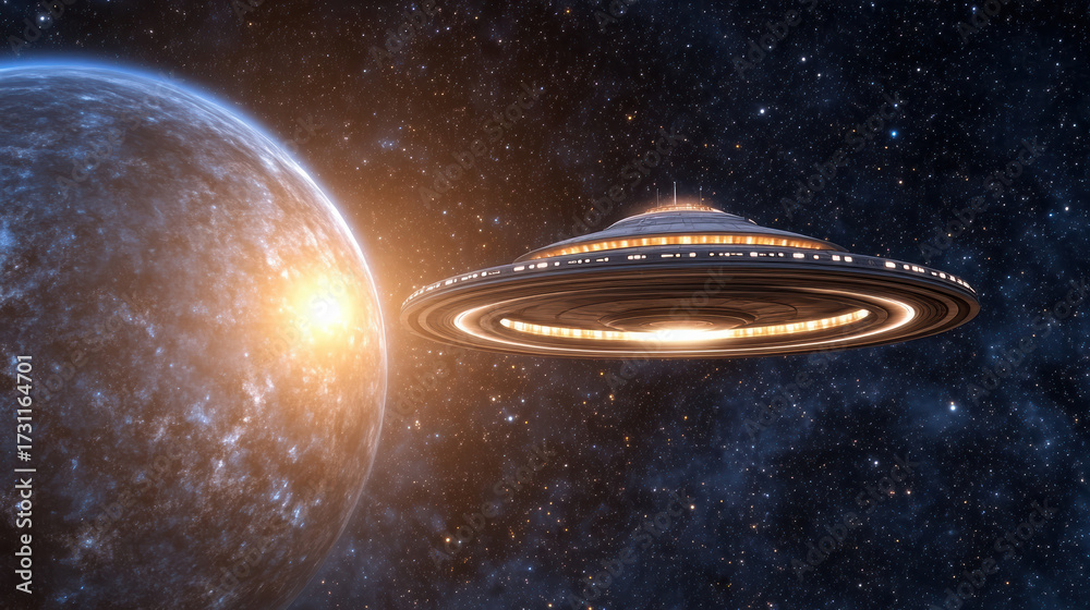 Obraz premium Spaceship glides through space near giant gas planet, illuminated by distant sun