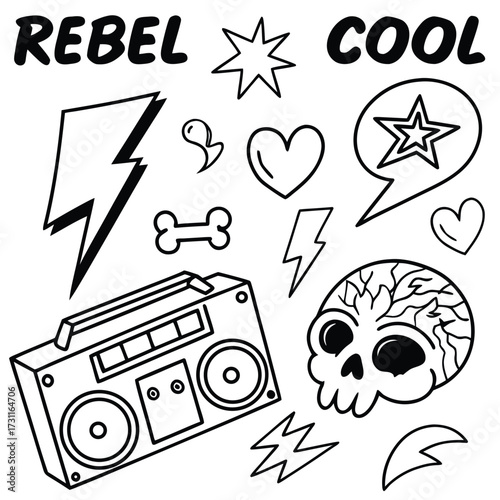 Black And White Rebel Cool Icons With Skull And Boombox Keywords: rebel, cool, skull, boombox