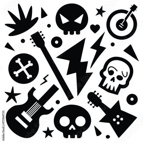 Black Rock Music Icons on White Background skull guitar
