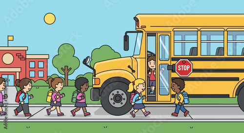 Children boarding a yellow school bus for education.