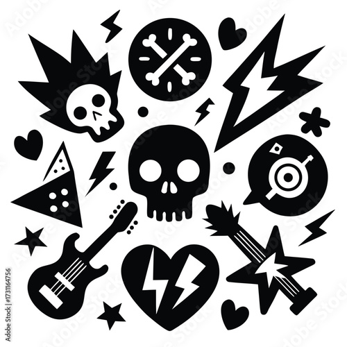 Black Rock Music Icons on White Background skull guitar