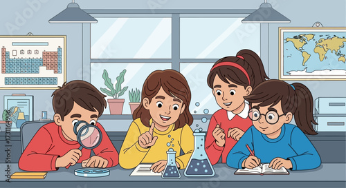 Children engaged in a science experiment in a classroom setting.