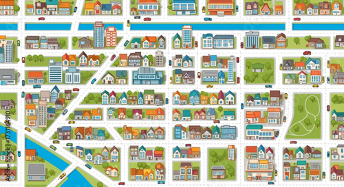 Charming Cartoon Cityscape with Diverse Buildings and Streets.