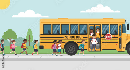 Children happily boarding a bright yellow school bus for their educational journey.