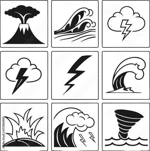 Collection of Natural Disaster and Element Icons volcano