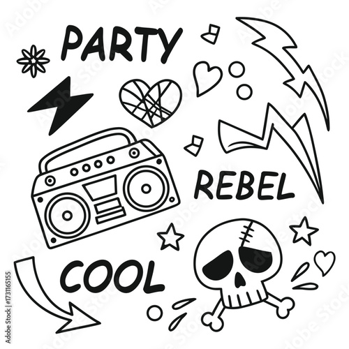 Doodle Art Elements With Words Party Cool Rebel Skull