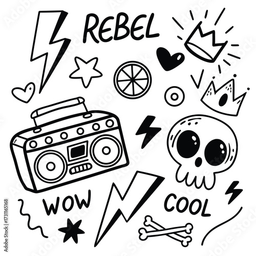 Doodle art with skull, boombox, crowns and lightning bolts Keywords: skull, boombox, crown