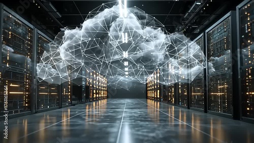 Futuristic data center showcasing cloud technology with illuminated servers and digital connectivity