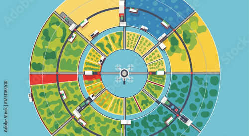 Circular Urban Planning Diagram with Green Spaces and Residential Zones.