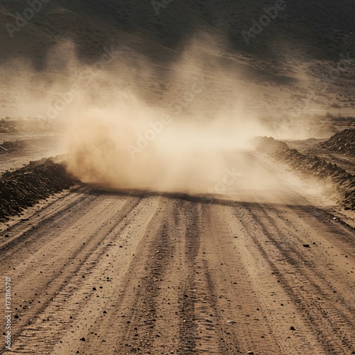 Dust flying in the wind on the dirt road