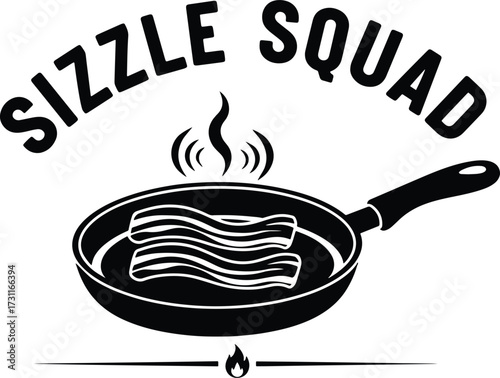 Sizzle Squad – Frying Pan with Bacon Strips, Steam and Flame Icon in Bold Black and White Cooking Graphic