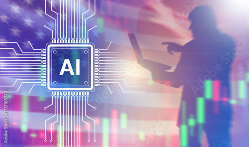 AI trading technology in USA. Silhouette investor from America. Logo of artificial intelligence. Using AI in trading. Graph of income growth from artificial intelligence. AI in investments. 3d image