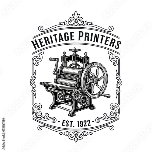Vintage printing press logo with ornate frame and 'Heritage Printers Est. 1922' text, black and white engraving style.