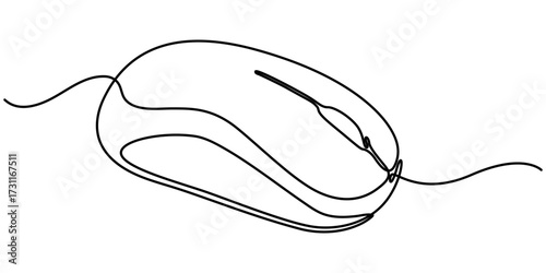 Computer mouse continuous one line drawing. Single line art illustration white background. 