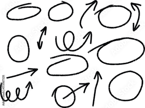 Hand Drawn Black Circles Arrows Loops White Background Graphic Elements oval ellipse