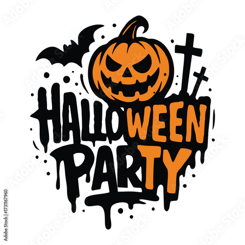 A dripping graffiti design promoting a Halloween Party with pumpkin and bat.