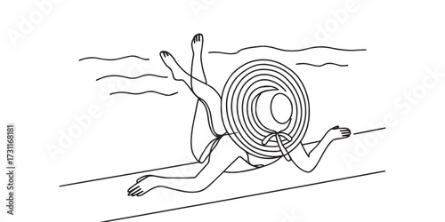Minimalist one-line drawing of a woman in bikini wearing a wide sun hat lying by the poolside. Elegant continuous line art, relaxing holiday vacation concept, abstract fashion lifestyle.