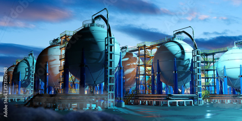 energy company equipment. Tanks for hydrogen storage. Production of clean energy from hydrogen. Tanks contain H2 to create electricity. Hydrogen power plant.