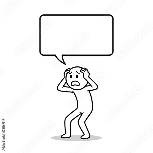 Stickman character trembling with speech bubble
Vector cartoon of a scared stickman trembling and sweating with square bubble for text.