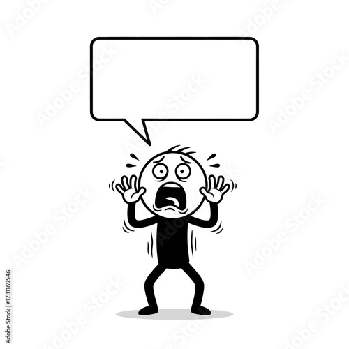 Stickman angry and scared with speech bubble Cartoon stickman showing mix of fear and anger expression with bubble for text.