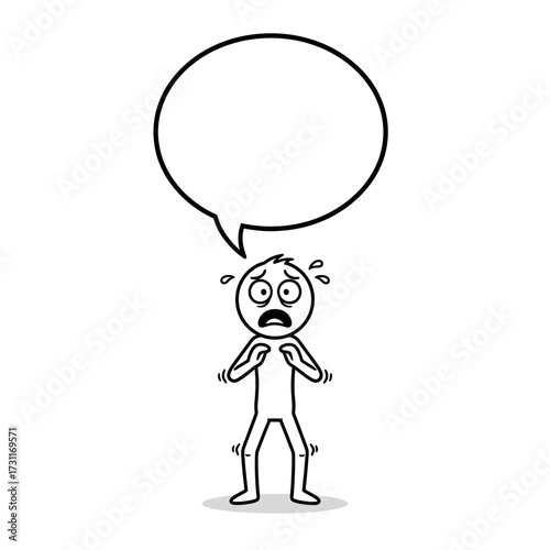 Stickman character running scared with speech bubble Vector cartoon of a frightened stickman character running away with empty bubble for text.