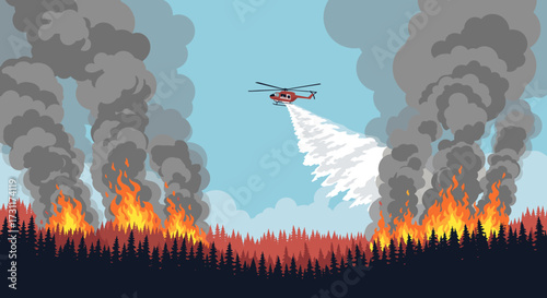 Helicopter fighting forest fire with water drops.
